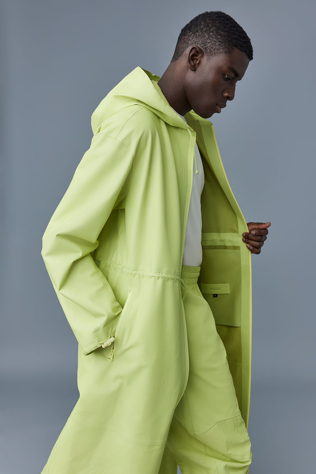 Parka longue Alban à capuche en cuir - Pale Lime