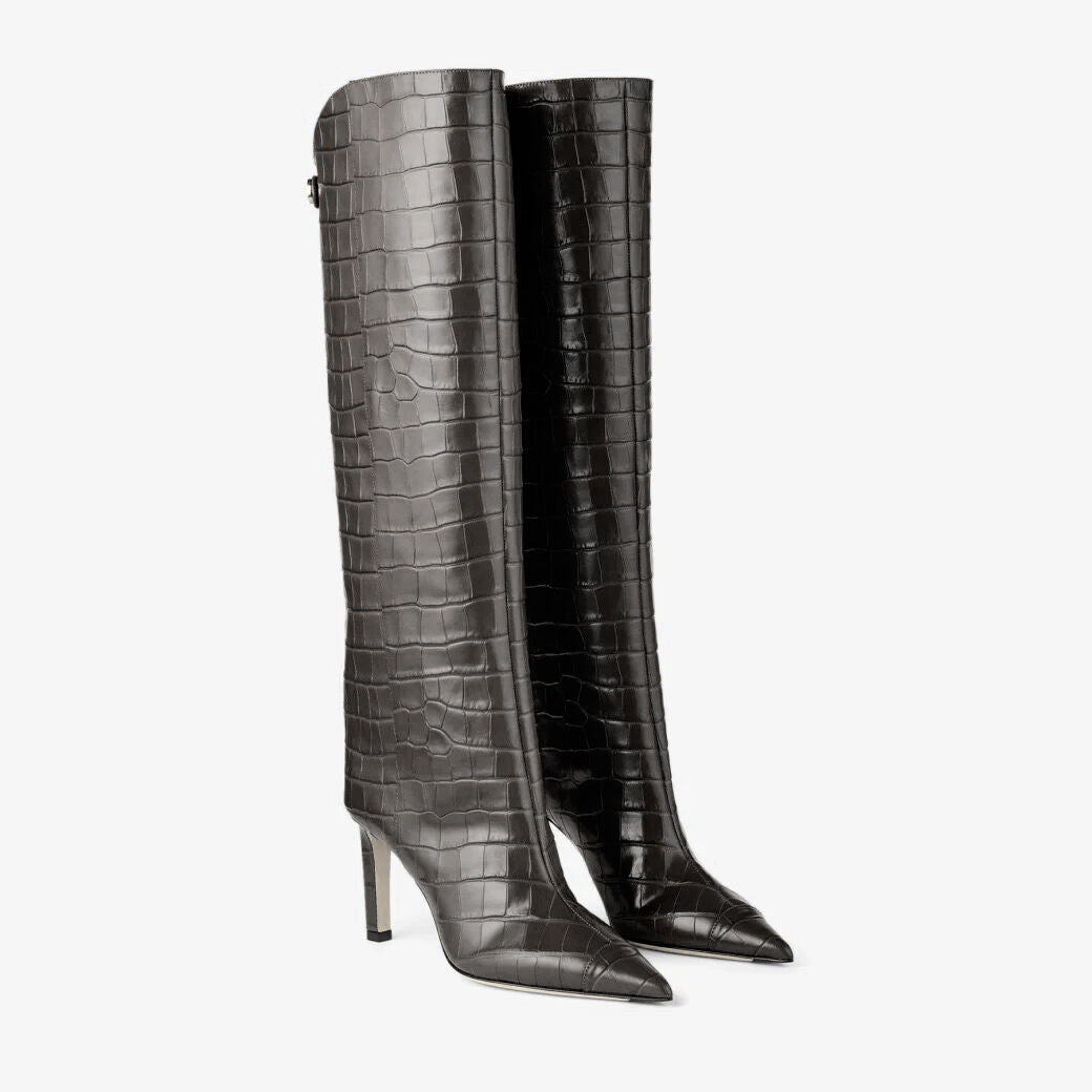 Alizze mid high 85 boots in crocodile print leather - Black