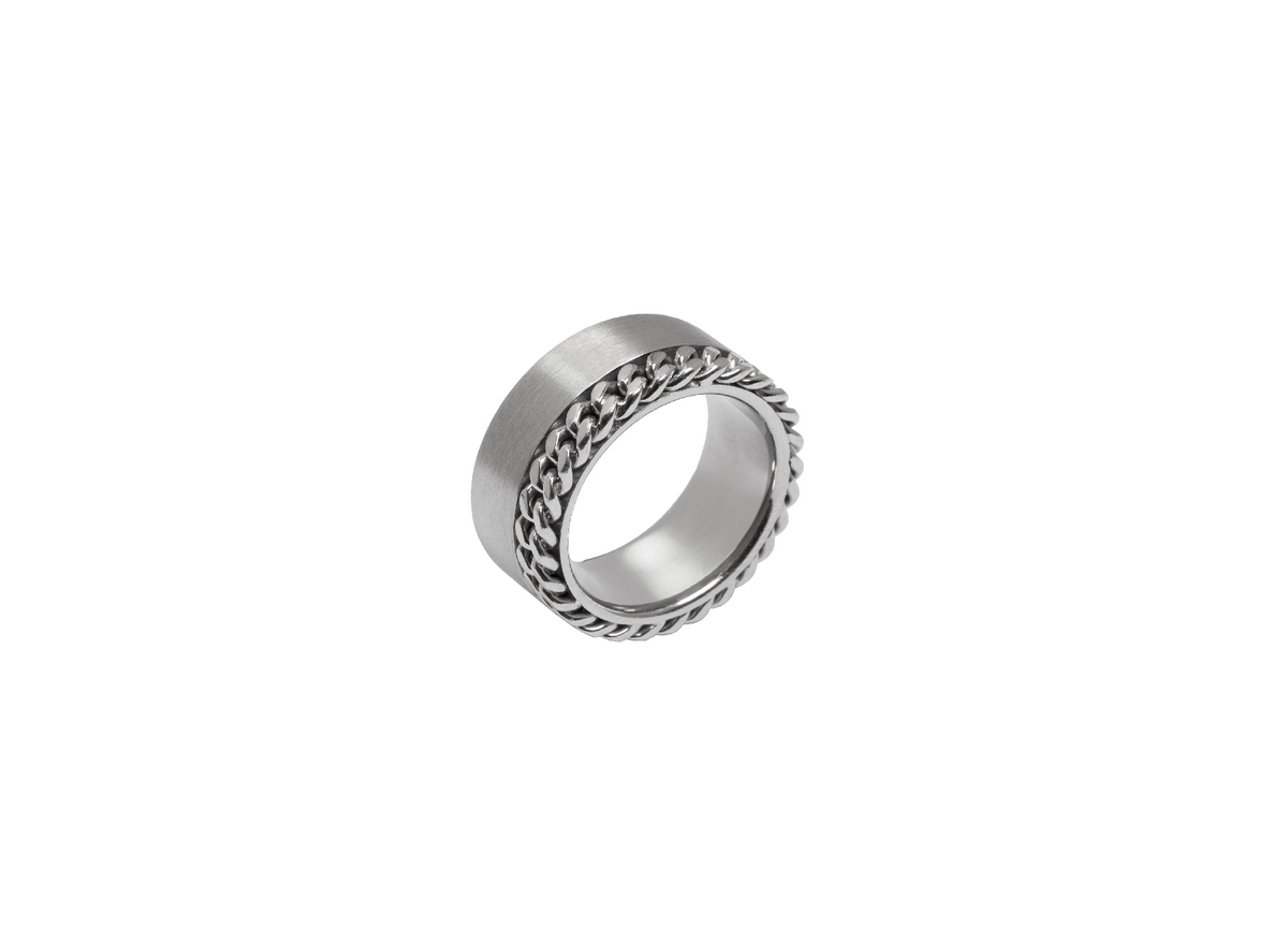 Bague chaine et bande metal - Argent