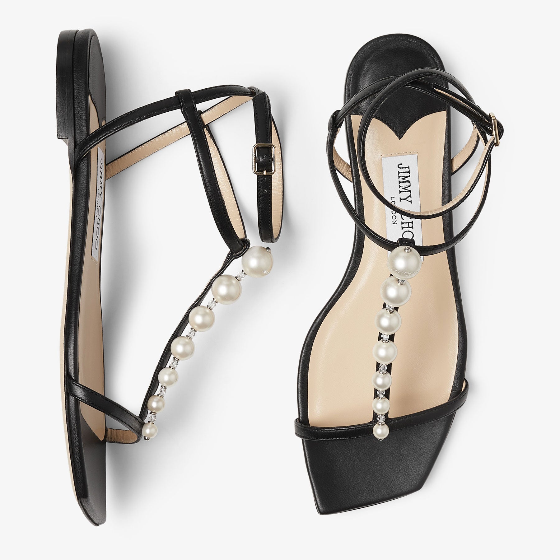 Sandales Amari plates en cuir à perles - Black & White
