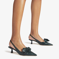 Amita back strap slingbacks with flowers 45 in leather - Dark Green