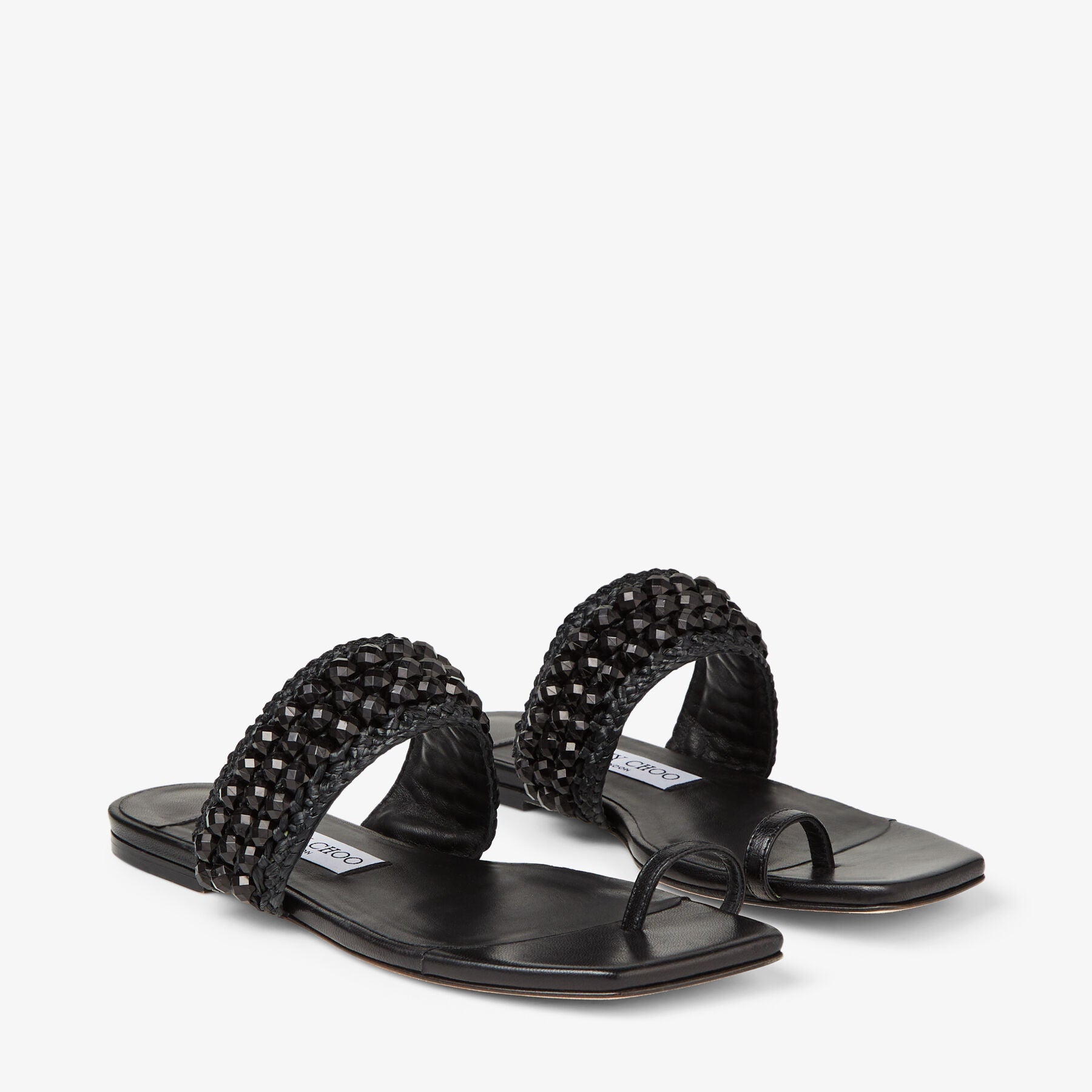Sandales Amoure plates en cuir avec raphia à perles - Black Intense