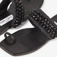 Sandales Amoure plates en cuir avec raphia à perles - Black Intense