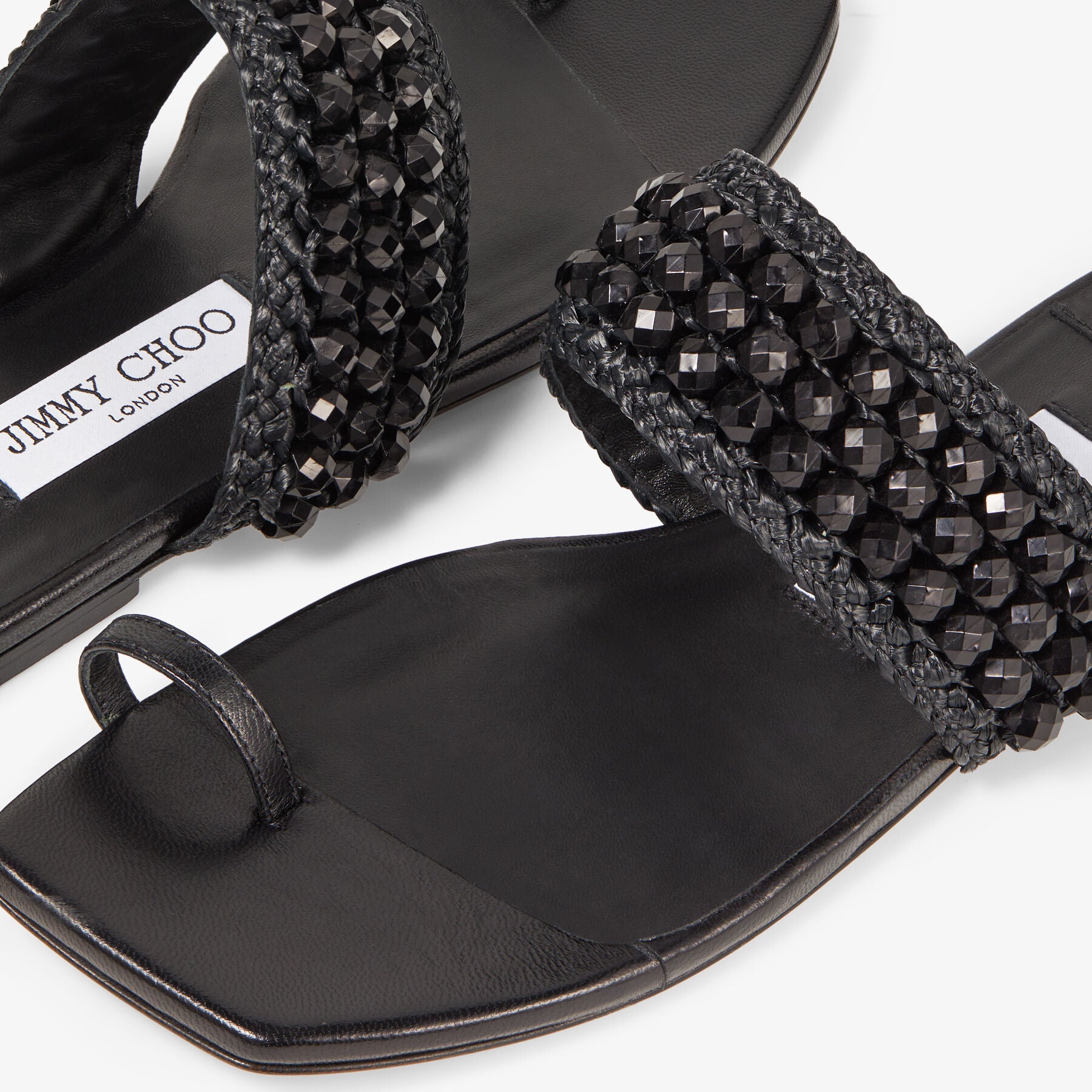 Sandales Amoure plates en cuir avec raphia à perles - Black Intense