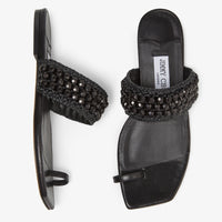 Sandales Amoure plates en cuir avec raphia à perles - Black Intense
