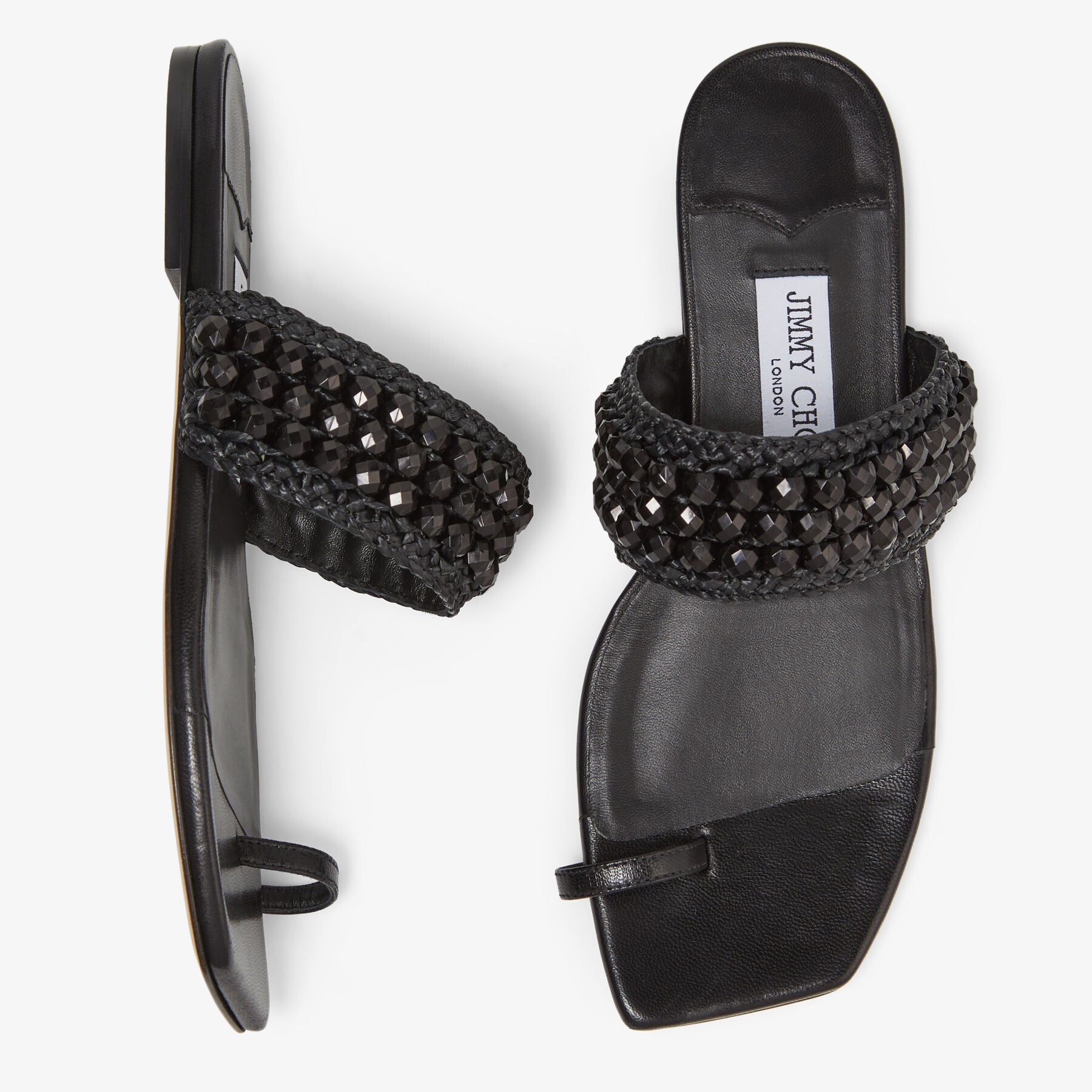 Sandales Amoure plates en cuir avec raphia à perles - Black Intense