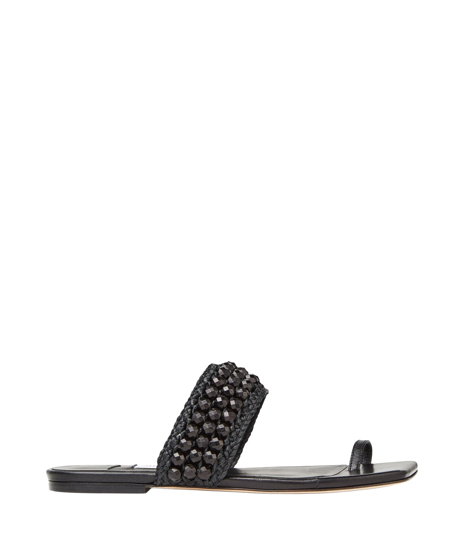 Sandales Amoure plates en cuir avec raphia à perles - Black Intense