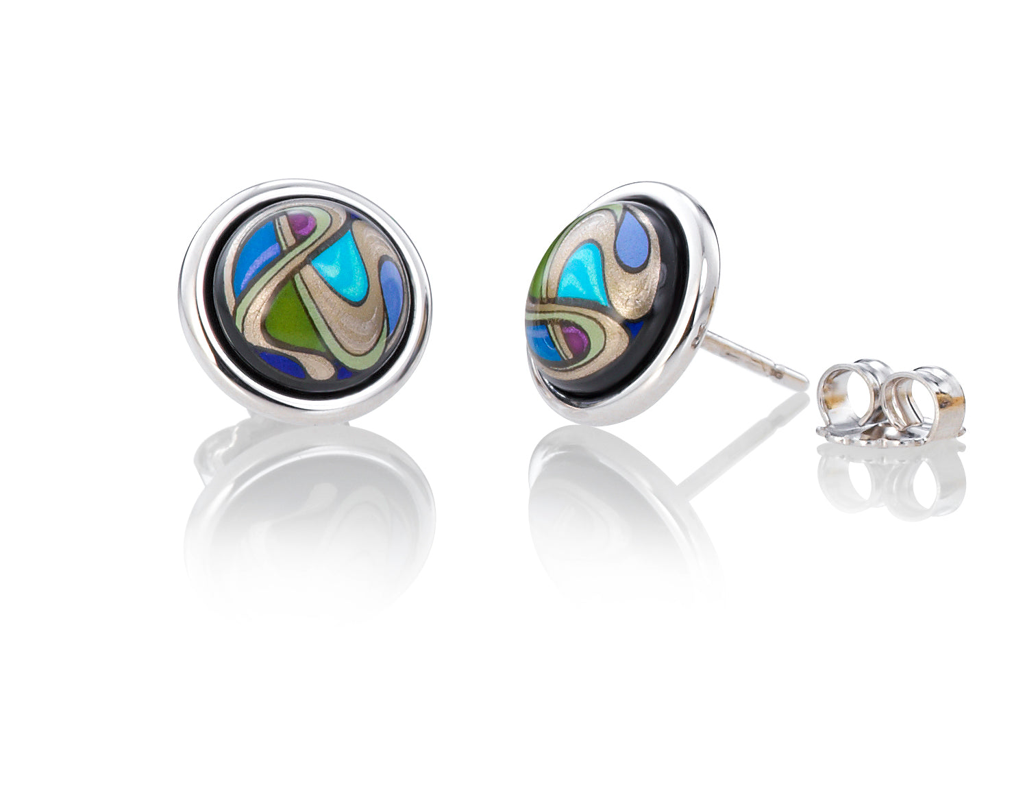Rhodium-plated cabochon earrings - Blue, Violet & Green