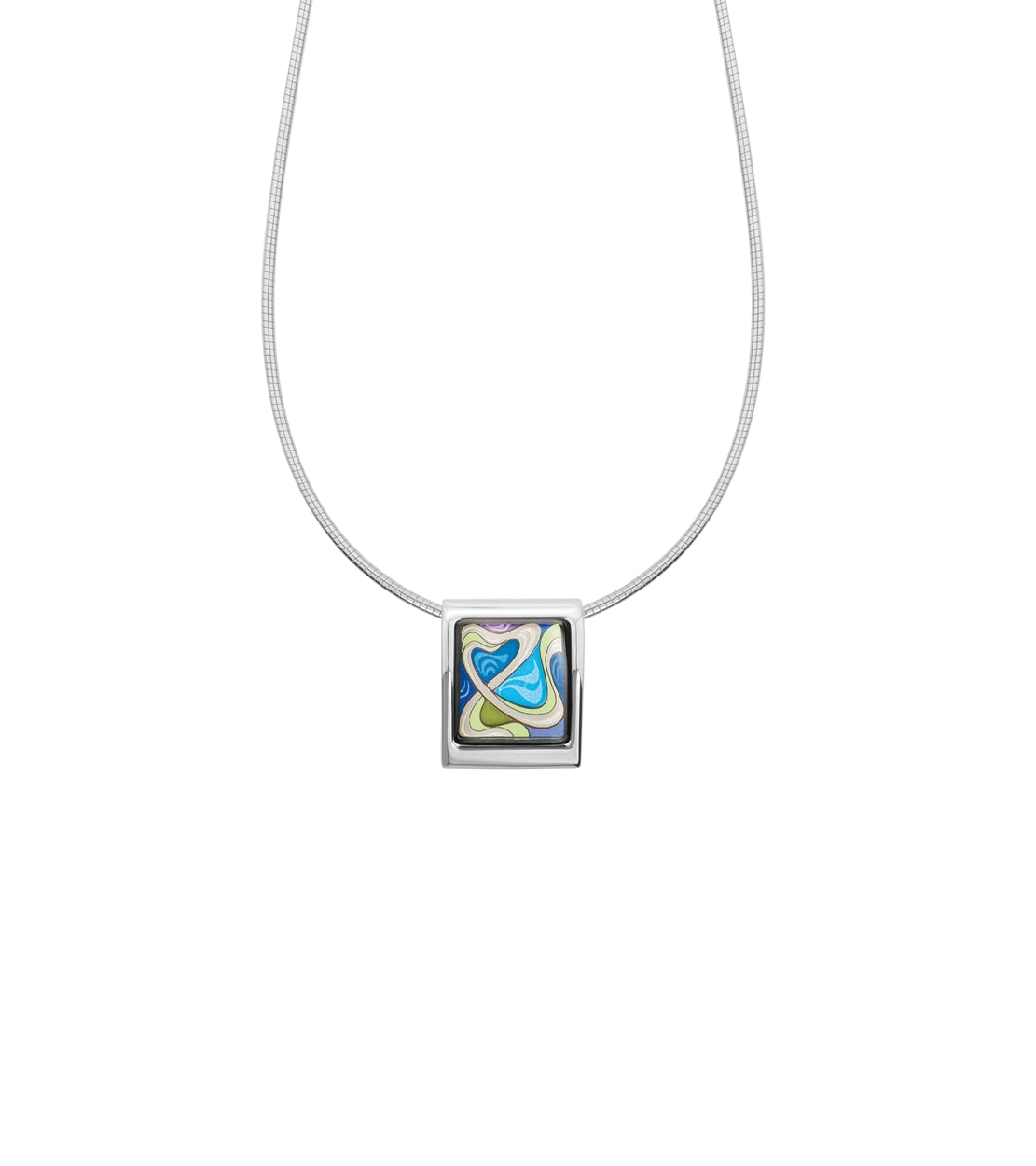 Square enamel and rhodium-plated necklace - Blue, Green & Purple