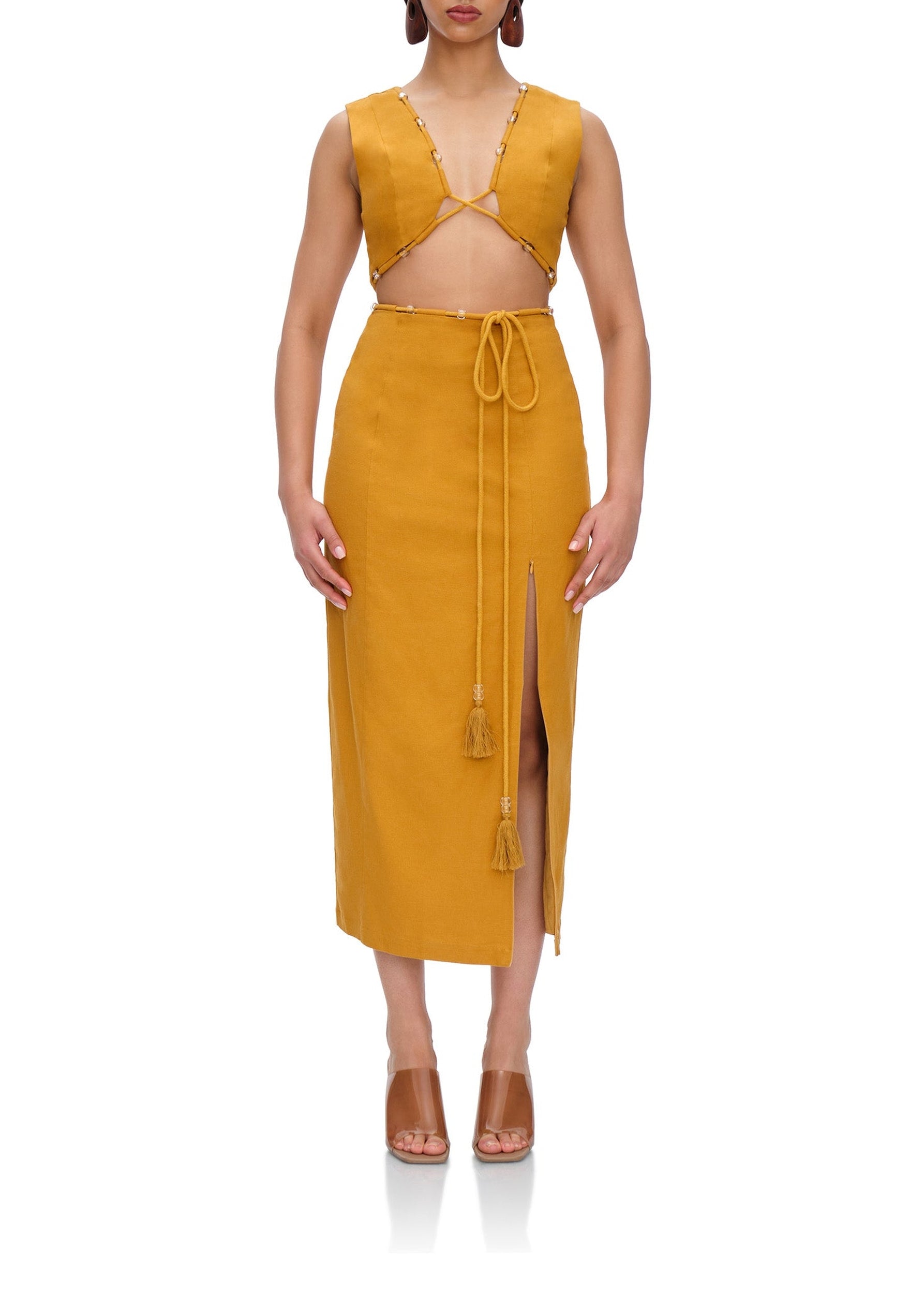 Vela long dress in linen blend - Mustard