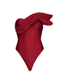 Nisi one-piece bandeau swimming costume with ruffles - Wine
