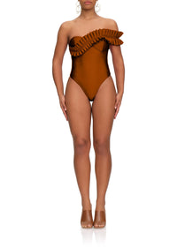 Nisi one-piece bandeau swimming costume with ruffles - Sand