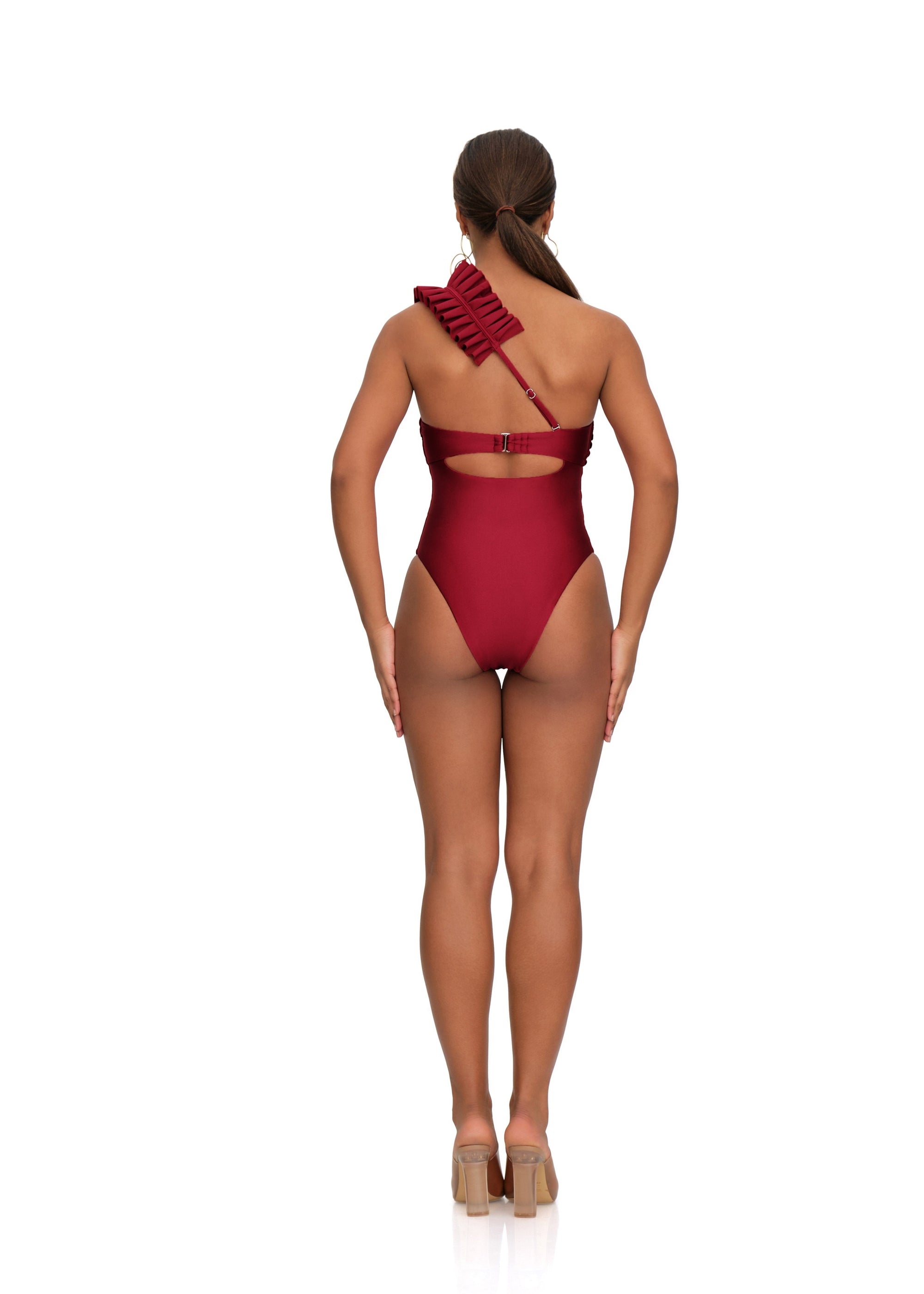 Nisi one-piece bandeau swimming costume with ruffles - Wine