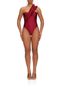 Nisi one-piece bandeau swimming costume with ruffles - Wine