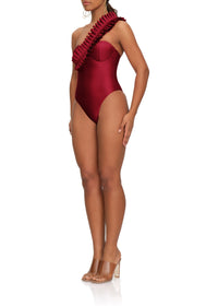Nisi one-piece bandeau swimming costume with ruffles - Wine