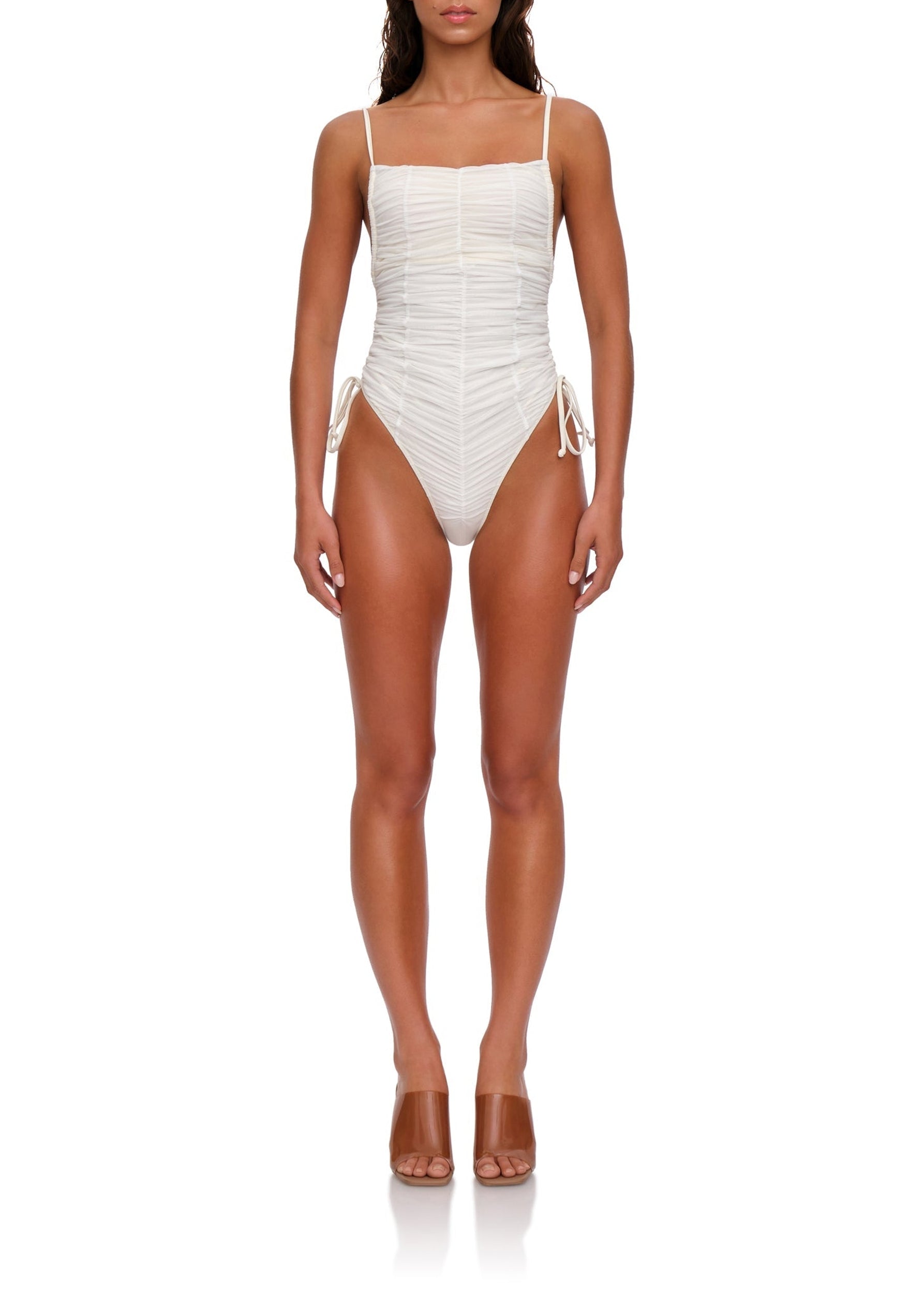 Gathered Reco one-piece swimming costume with thin straps - Limestone
