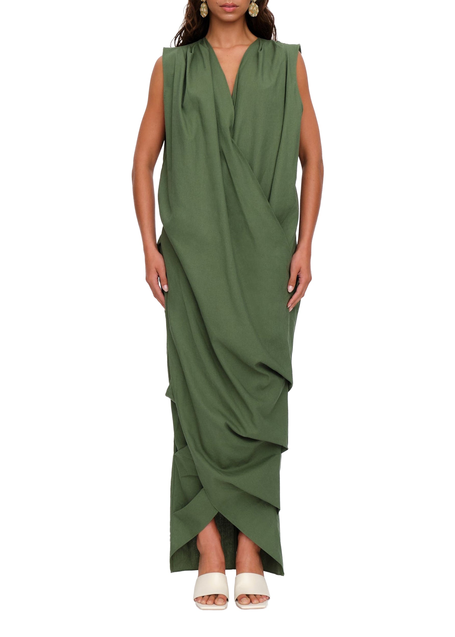 Sayo sleeveless caftan dress in linen mix - Forest