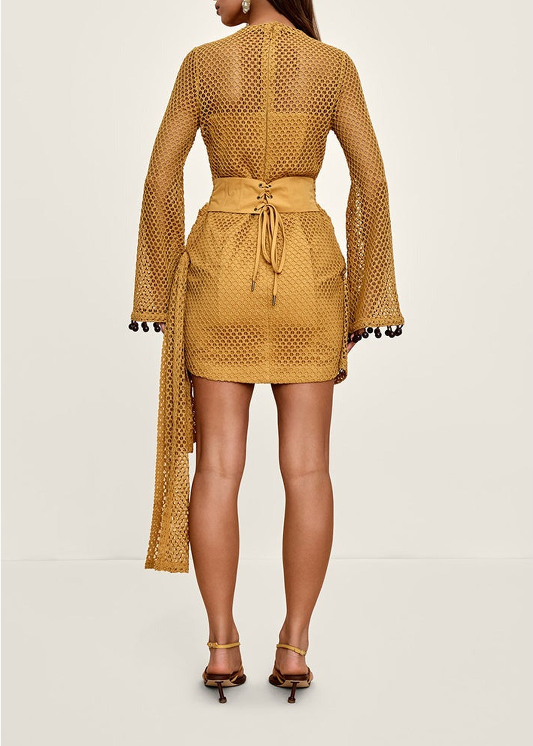 Egu openwork and draped short dress - Mustard