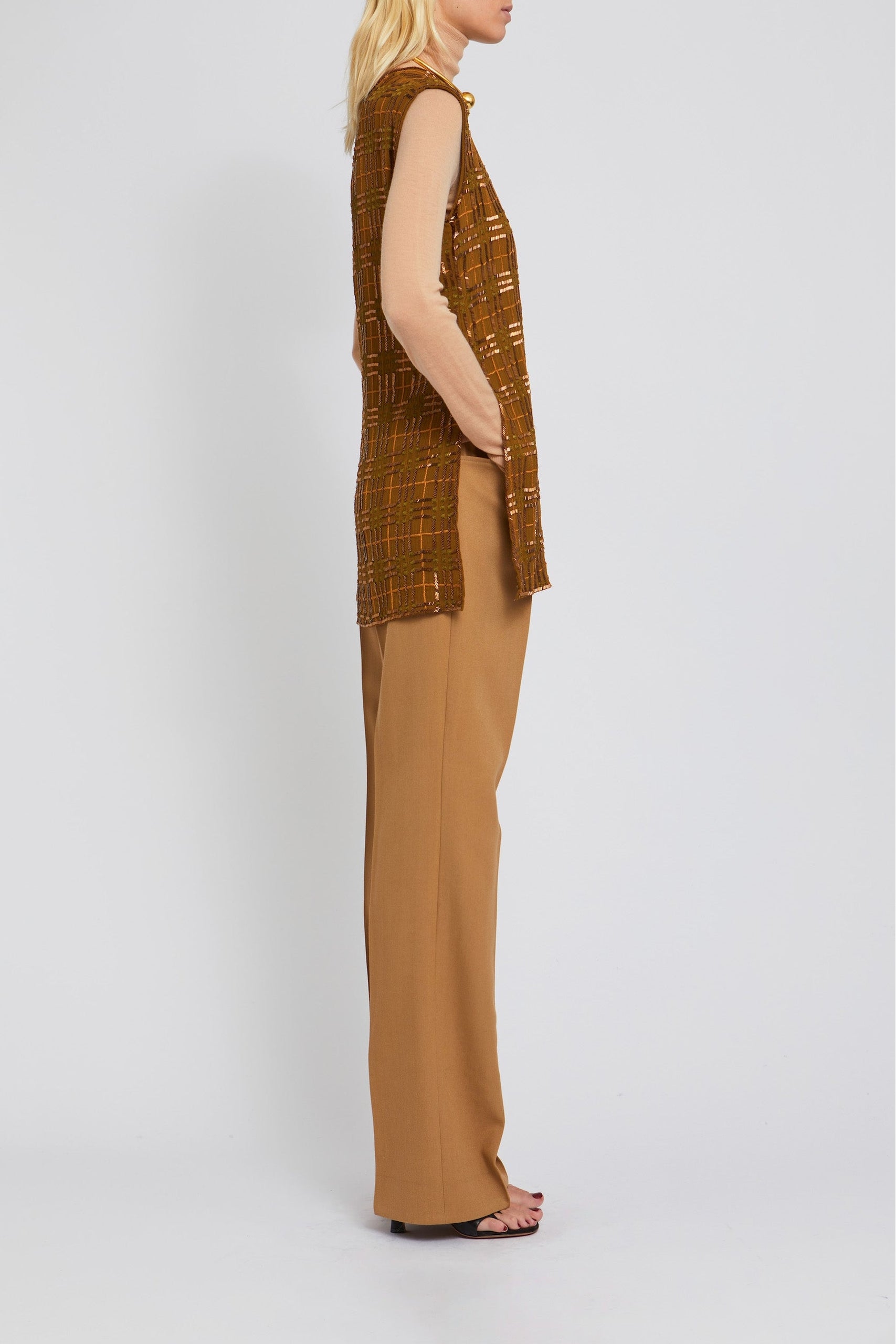Blouse Ziggy à perles brodées sans manches - Camel