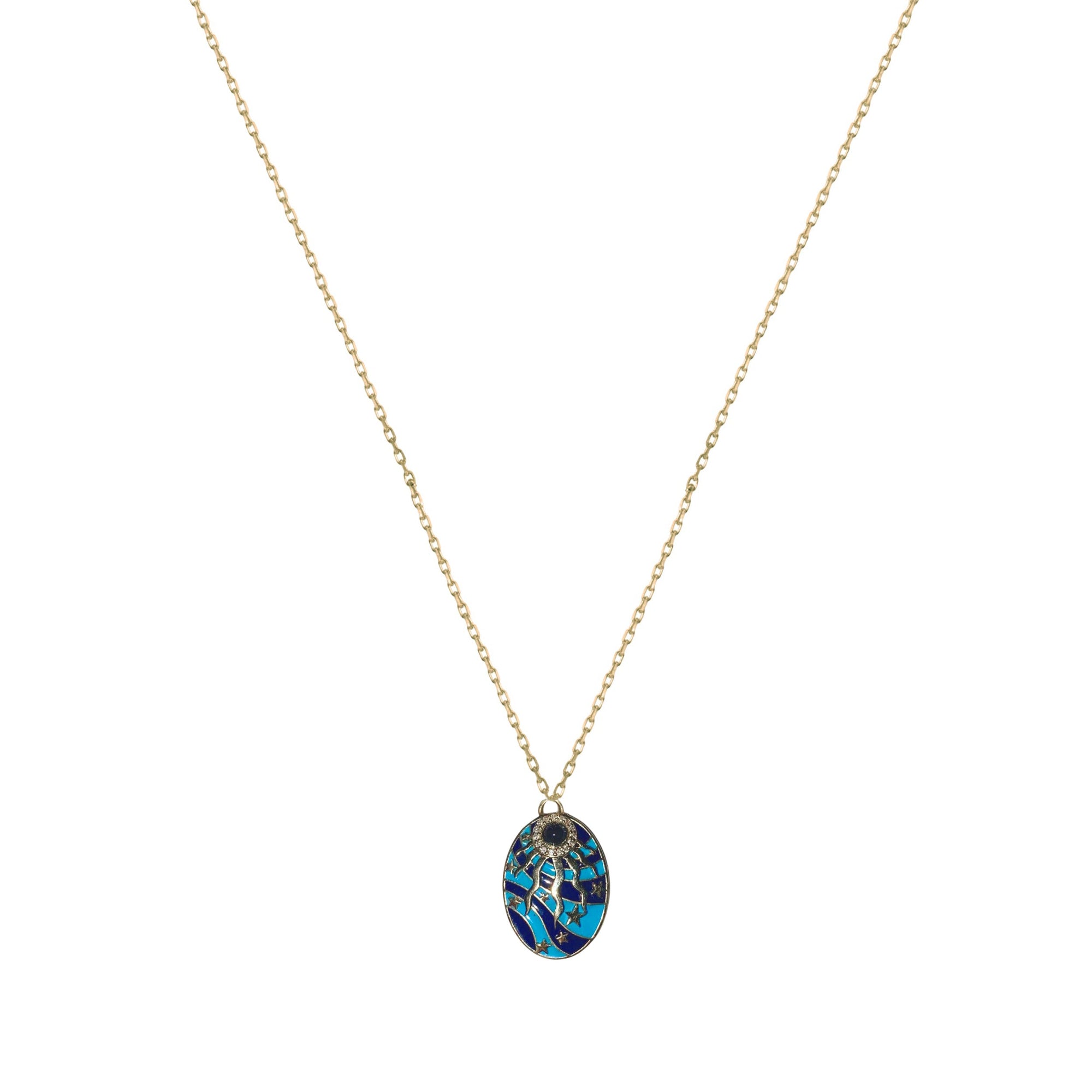 Saphir / Pendentif Oval Œil Étoile en Or jaune 14K serti de diamants - Saphir