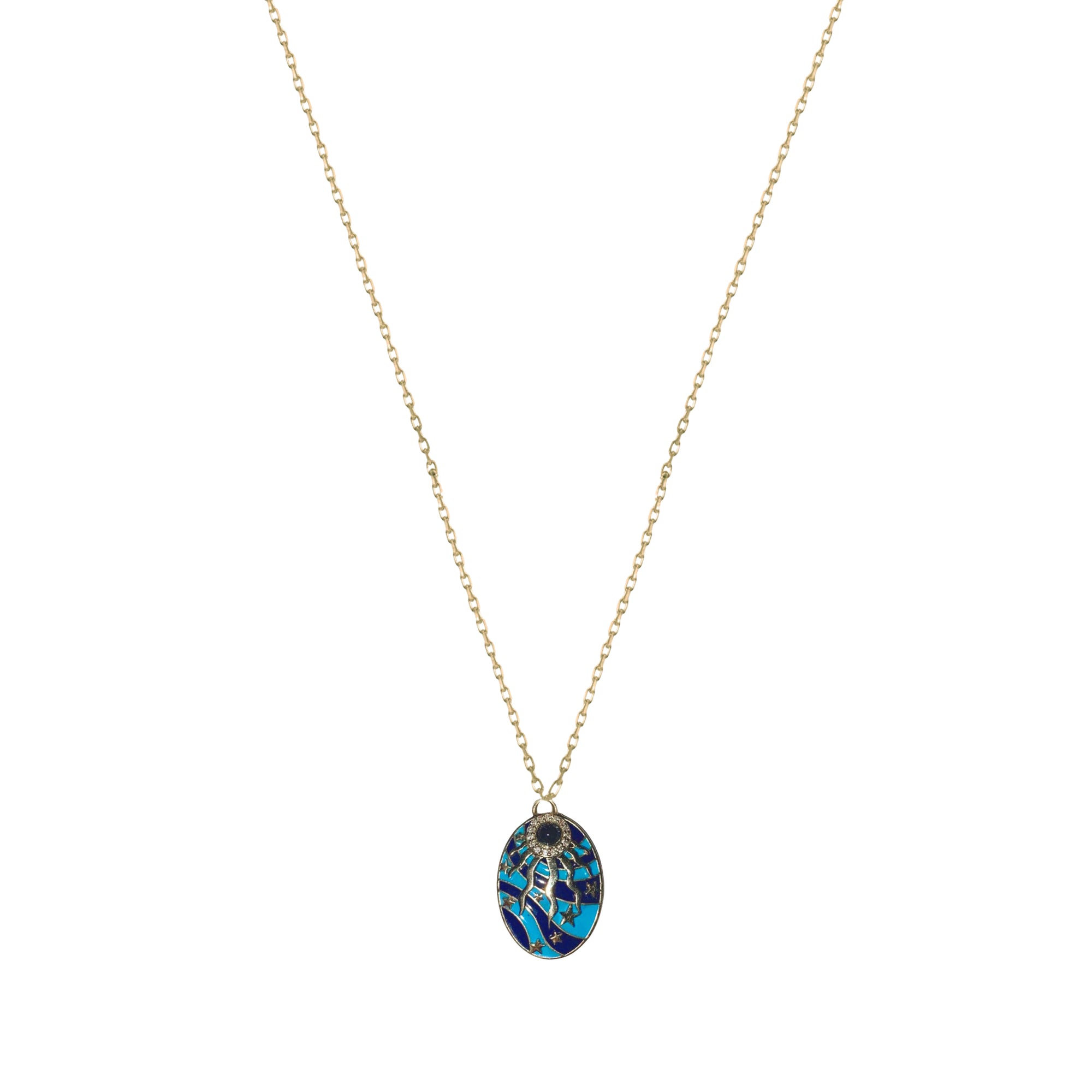 Oval Star Eye Pendant in 14K Yellow Gold Set with Diamonds - Sapphire