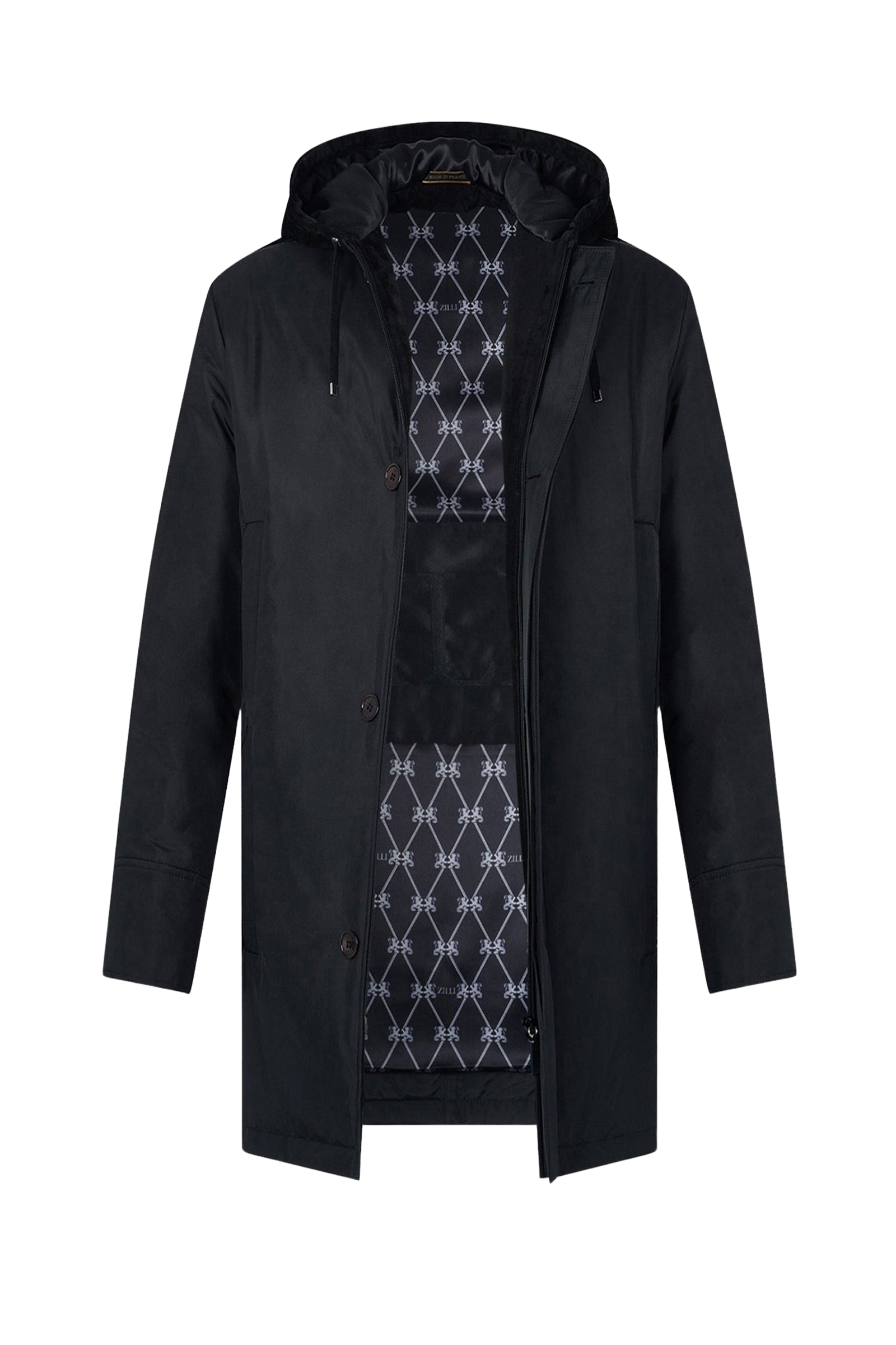 Parka à capuche et motif géométrique en soie - Noir