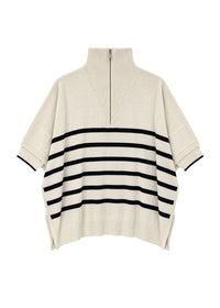 Pull col zippé à rayures en soie - Blanc Cassé