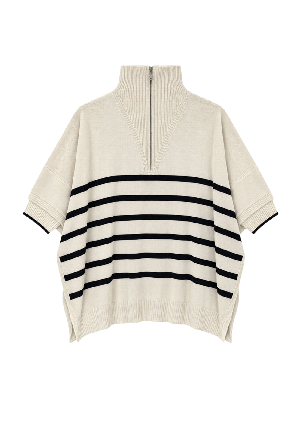 Pull col zippé à rayures en soie - Blanc Cassé