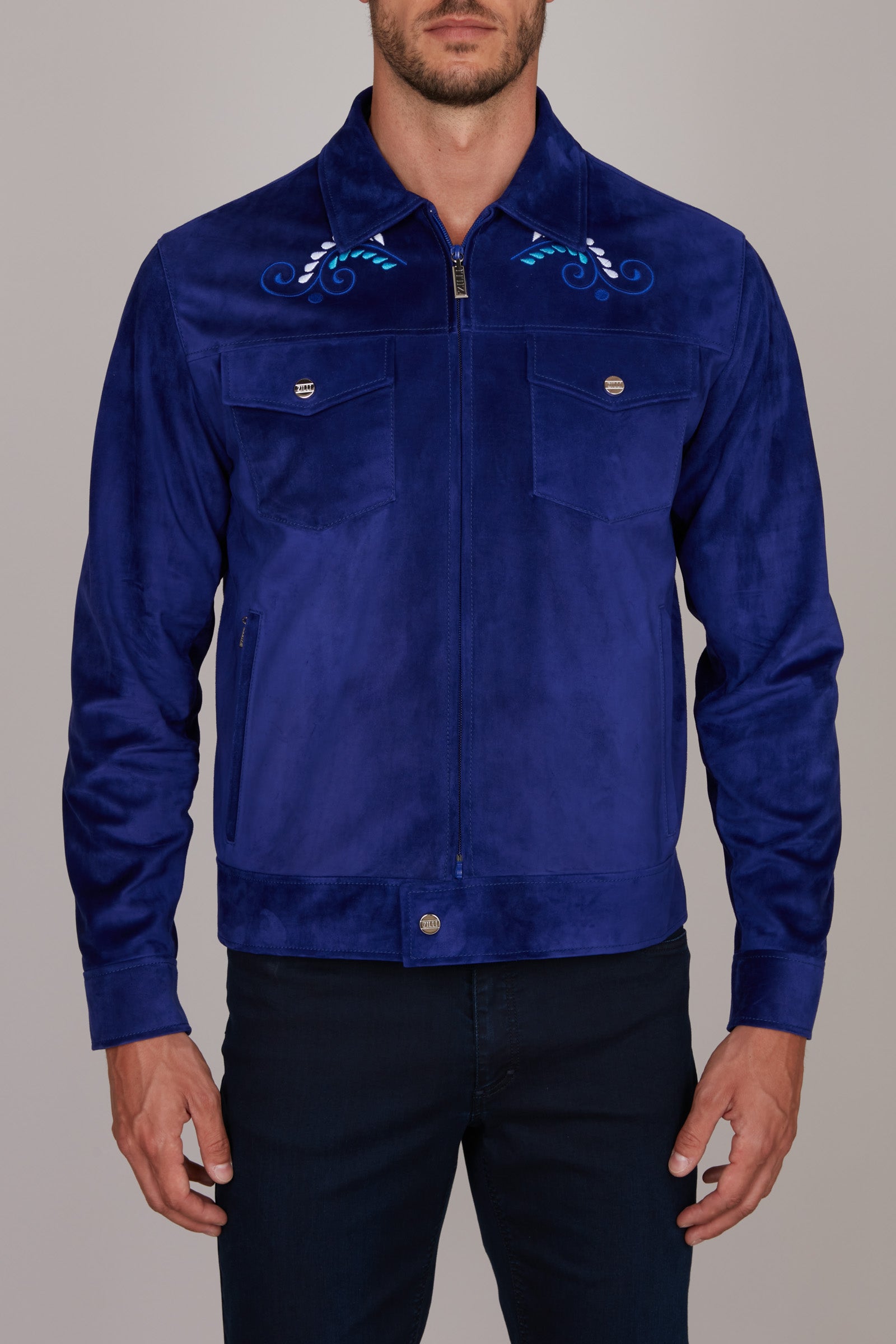 Blouson à broderies en cuir - Bleu
