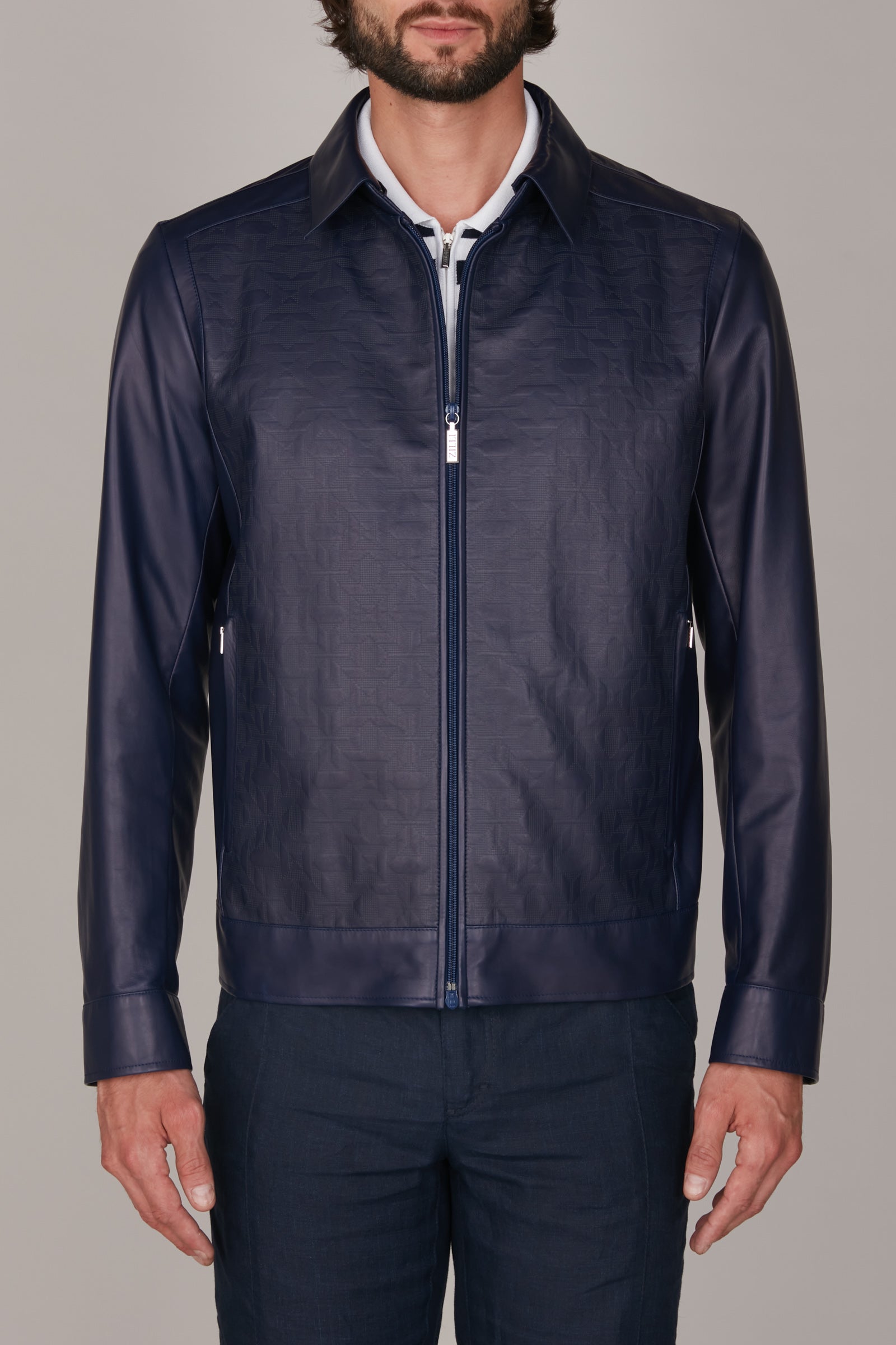 Blouson à motif géométrique texturé en cuir - Bleu