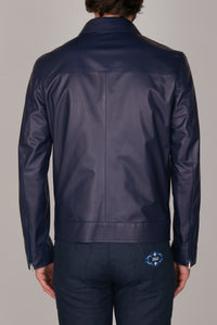 Blouson à motif géométrique texturé en cuir - Bleu