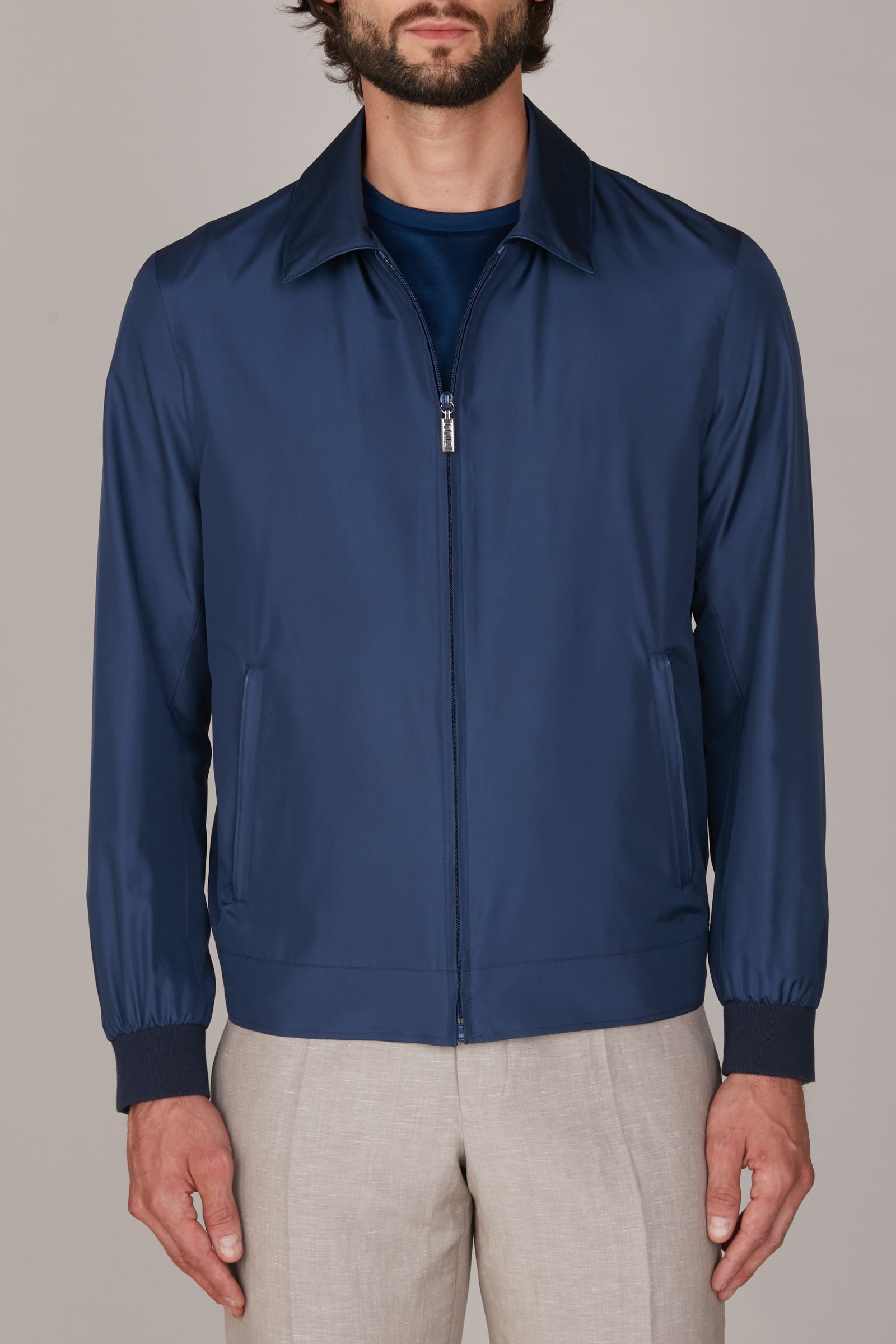 Blouson à empiècement satiné en soie - Bleu