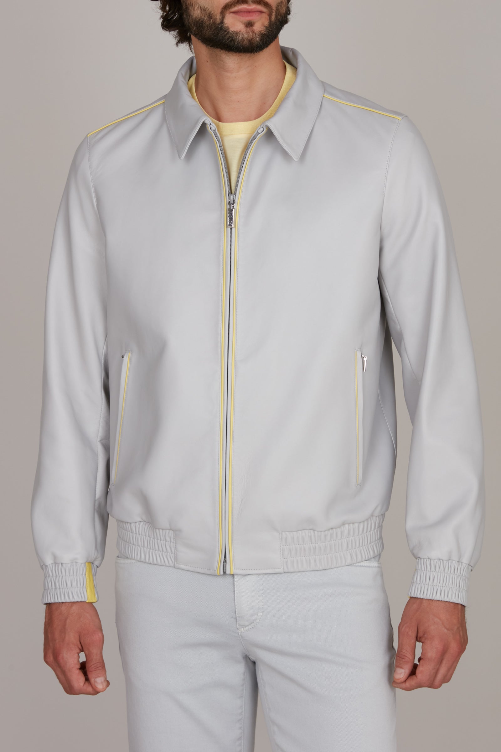 Blouson à passepoil en cuir - Gris & Jaune