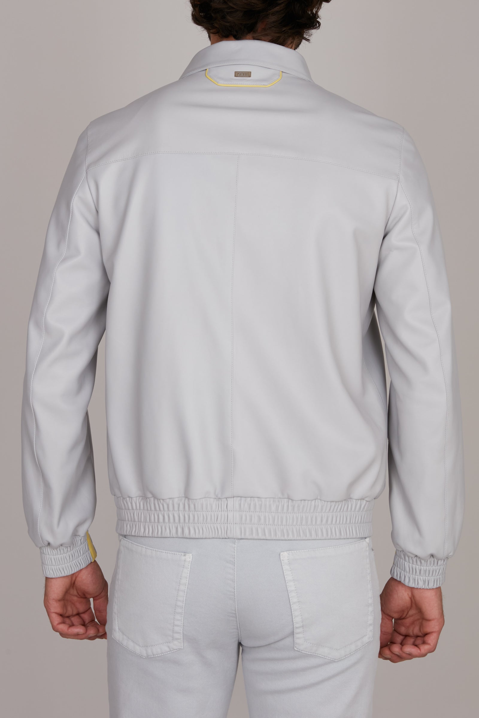 Blouson à passepoil en cuir - Gris & Jaune