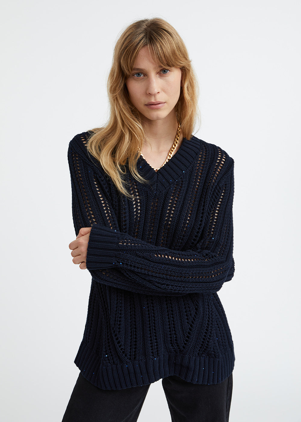 Pull ajoure col v - Marine