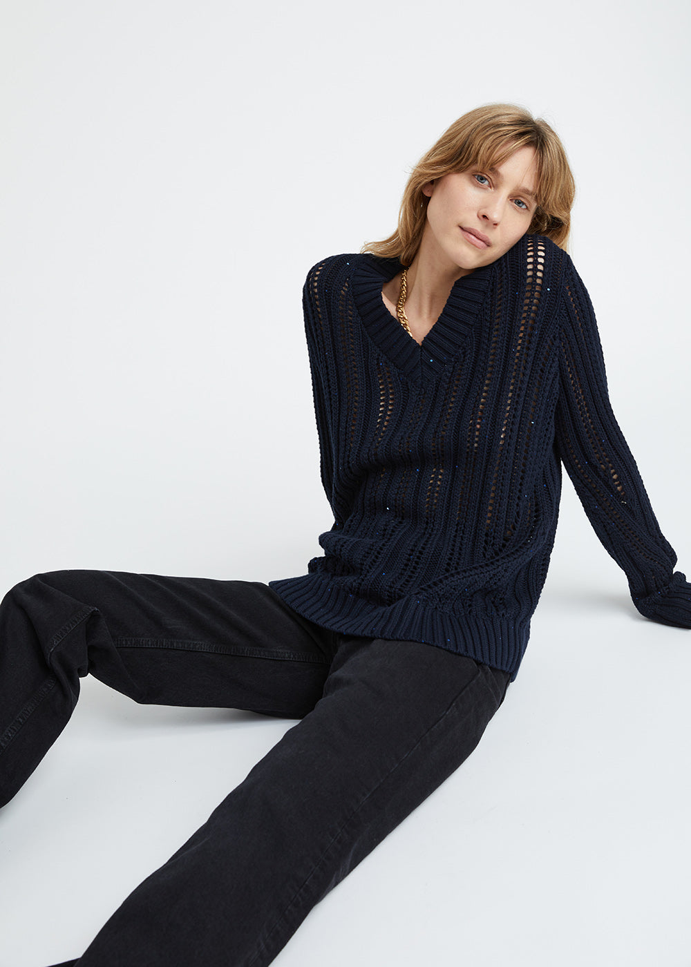 Pull ajoure col v - Marine