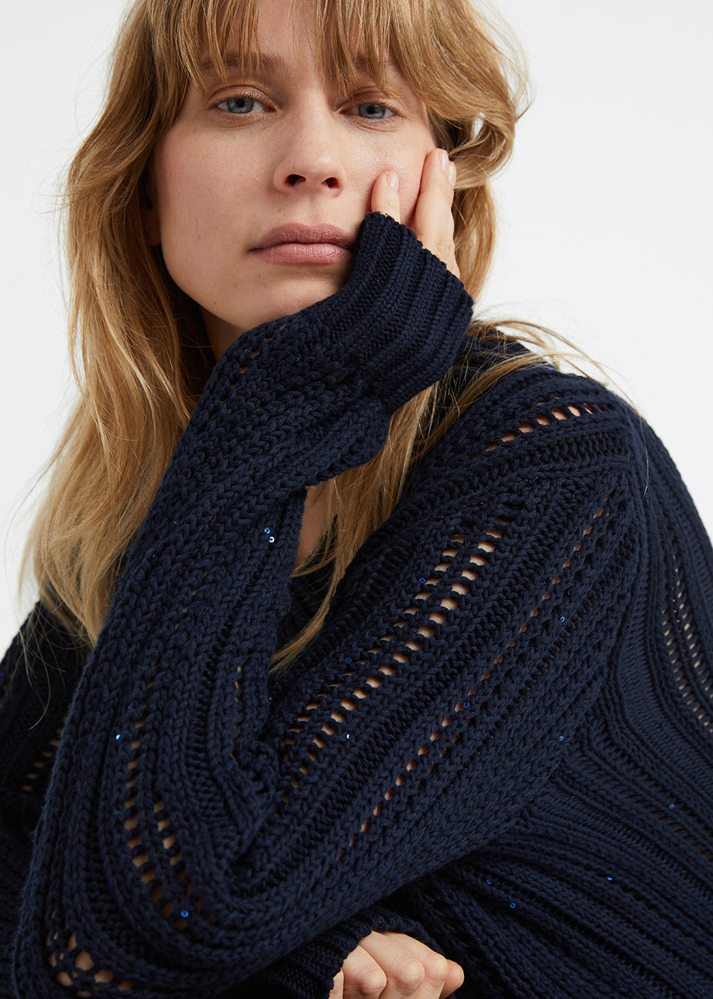 Pull ajoure col v - Marine