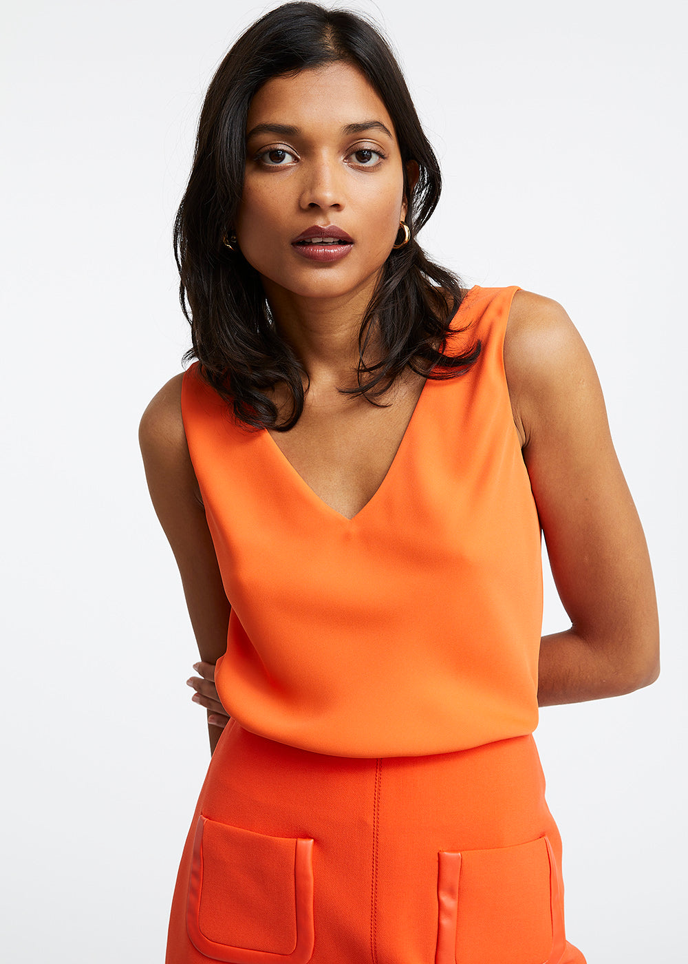Haut col v sans manches - Orange Vif