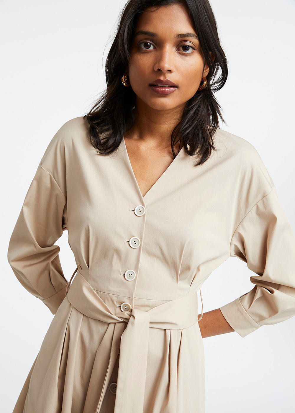 Robe coton decollete v - Beige Moyen
