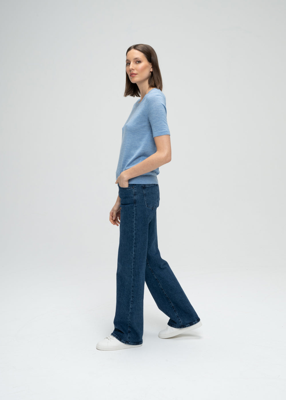 Top manches courtes bi-matiere - Bleu Denim