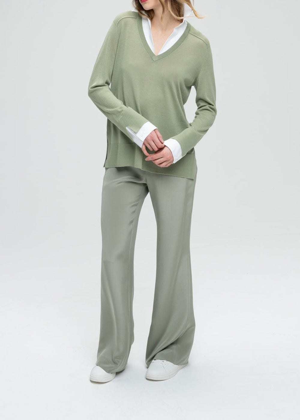 Pull à détail chemise en laine - Kaki