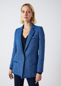 Veste longue en tweed frangee - Bleu Moyen