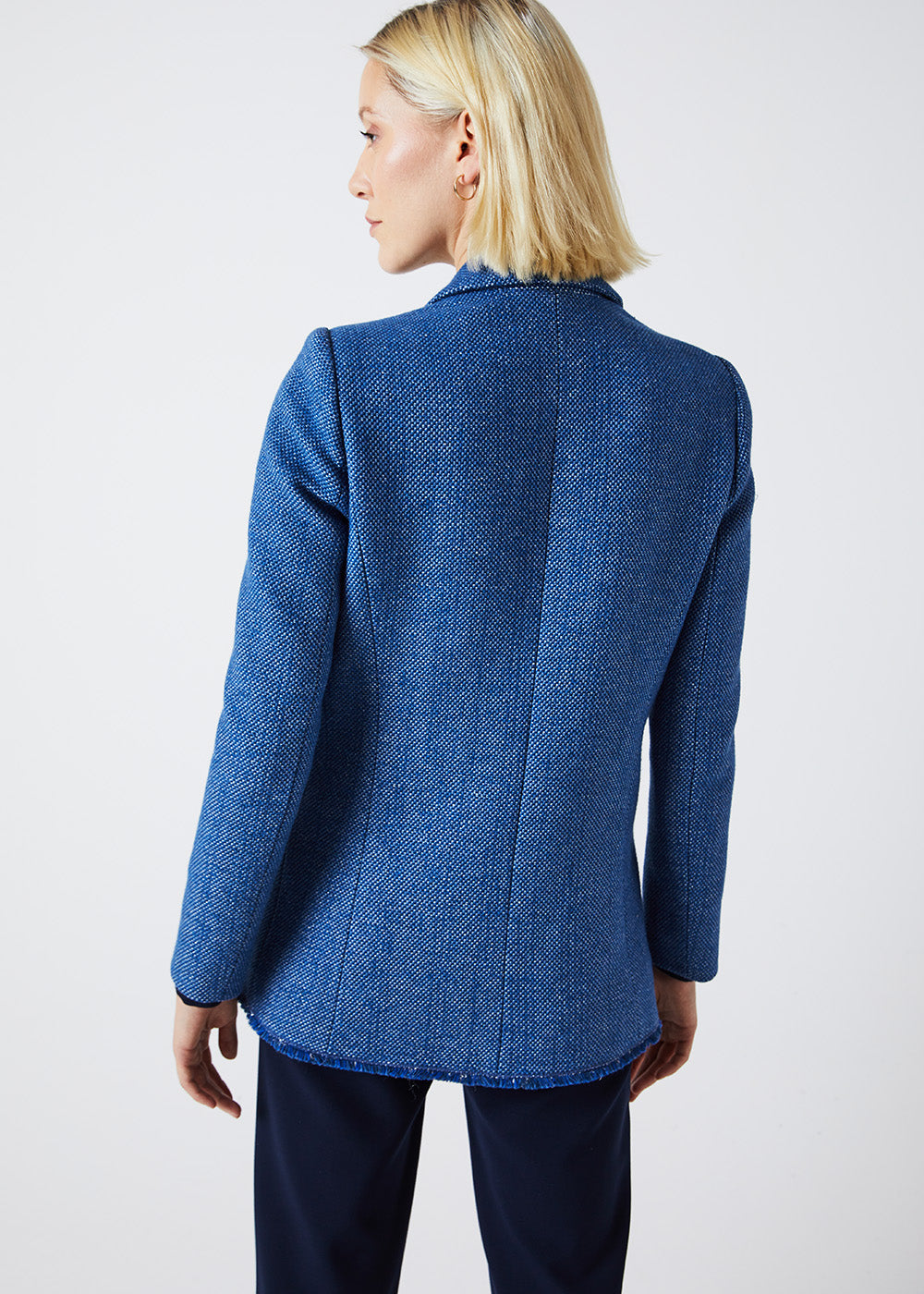 Veste longue en tweed frangee - Bleu Moyen