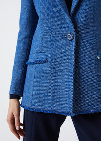 Veste longue en tweed frangee - Bleu Moyen