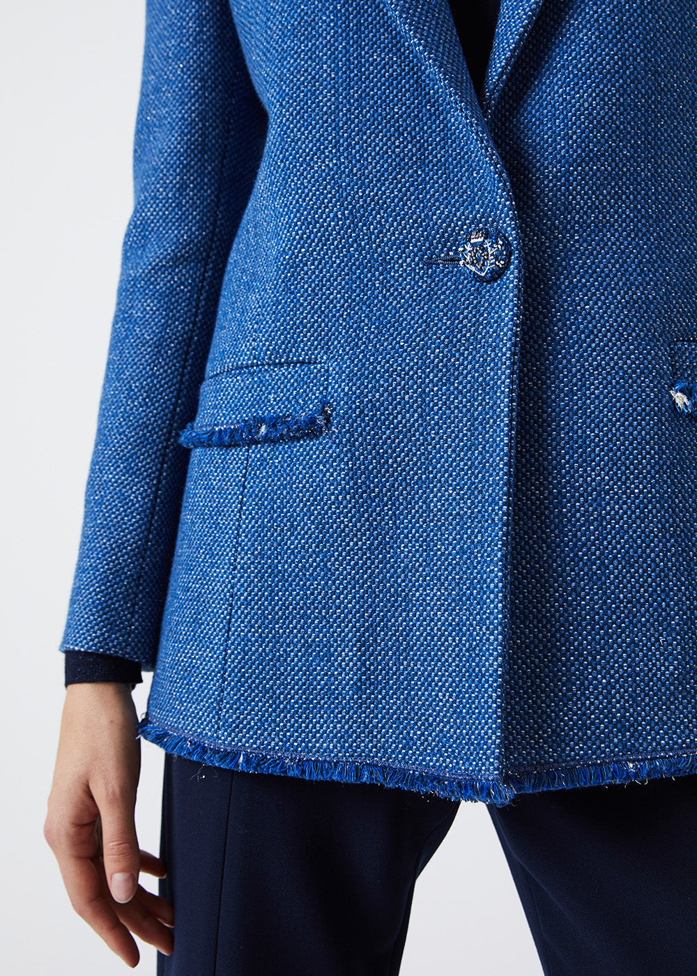 Veste longue en tweed frangee - Bleu Moyen