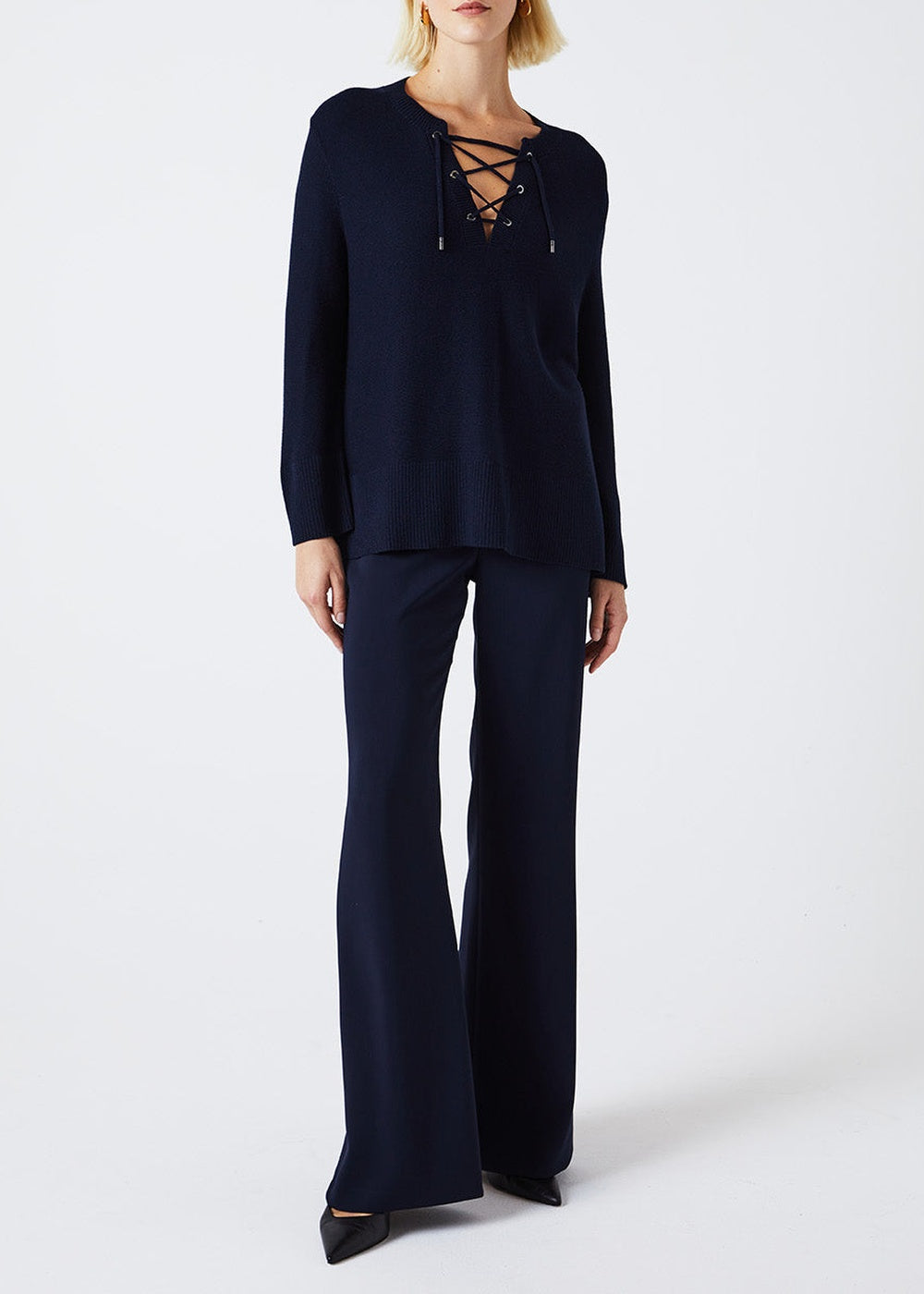 Pull à décolleté lacet en soie - Marine