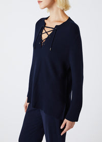 Pull à décolleté lacet en soie - Marine