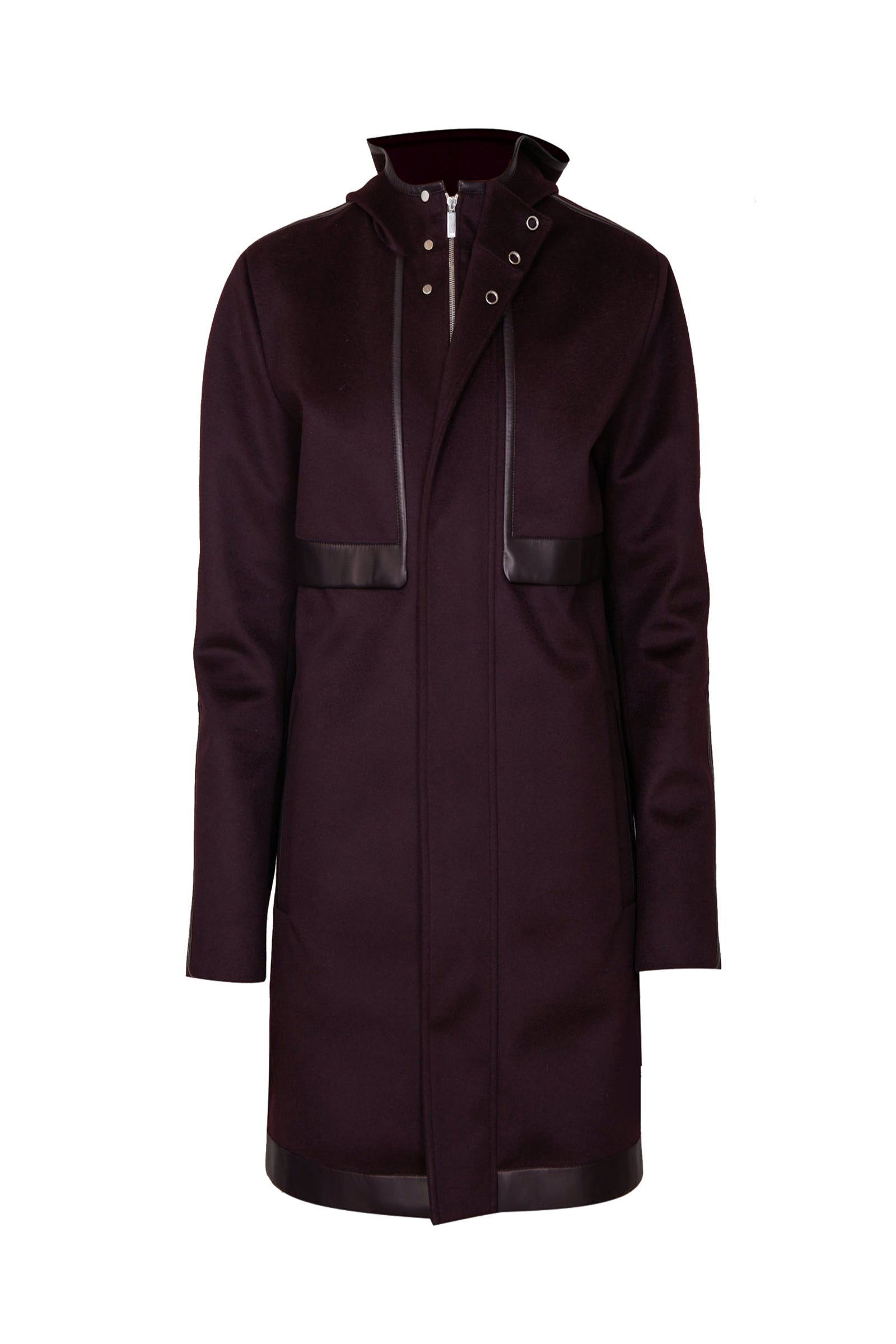 Manteau à capuche et empiècements en laine - Bordeaux