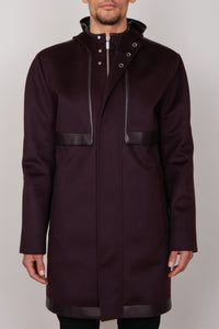 Manteau à capuche et empiècements en laine - Bordeaux
