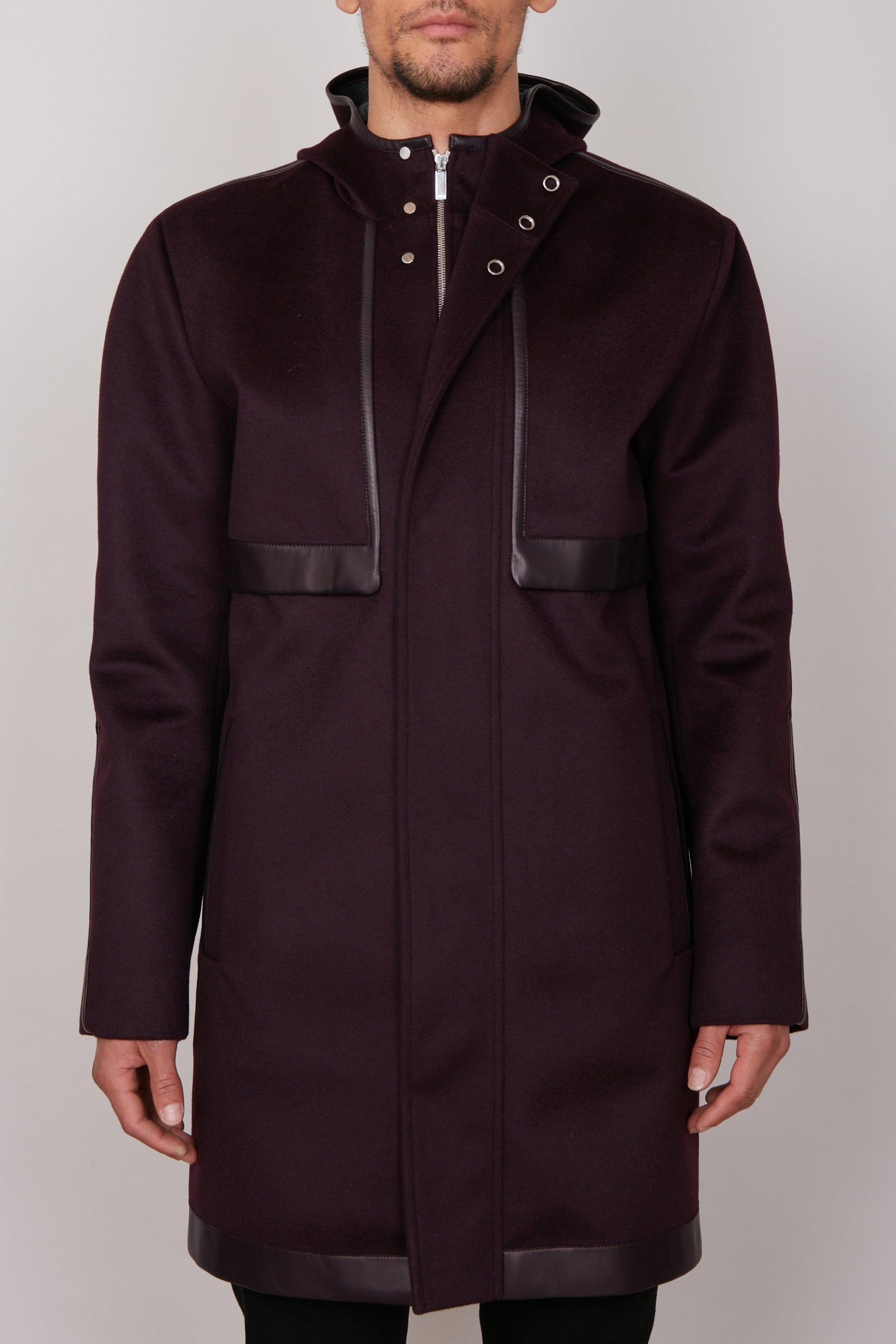 Manteau à capuche et empiècements en laine - Bordeaux